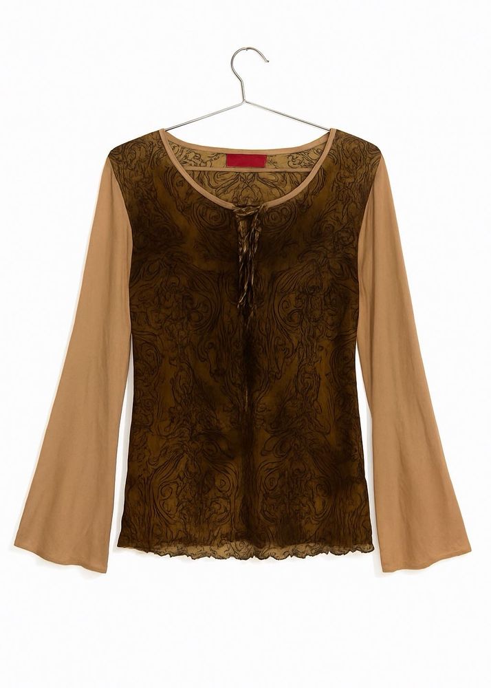 Brown Patterned Lace-Up Blouse