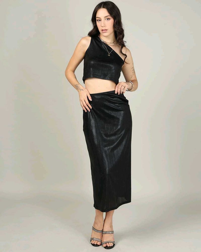 One Shoulder Ruched Shimmer Crop Top with Skirt