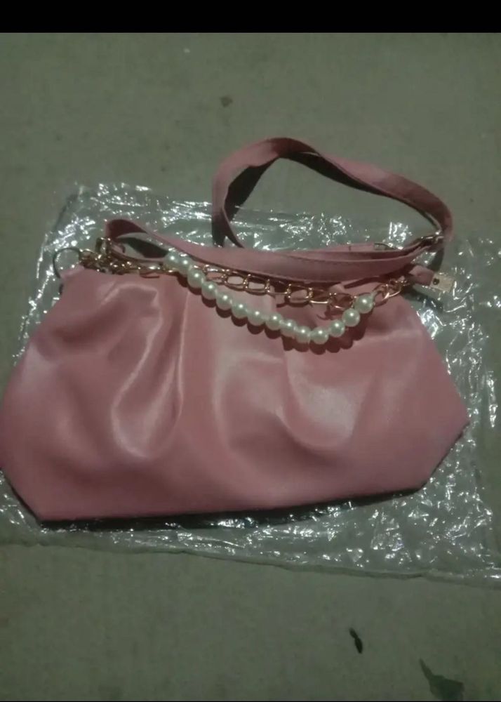 Elegant Pink Handbag with Pearl &amp; Gold Chain Detai
