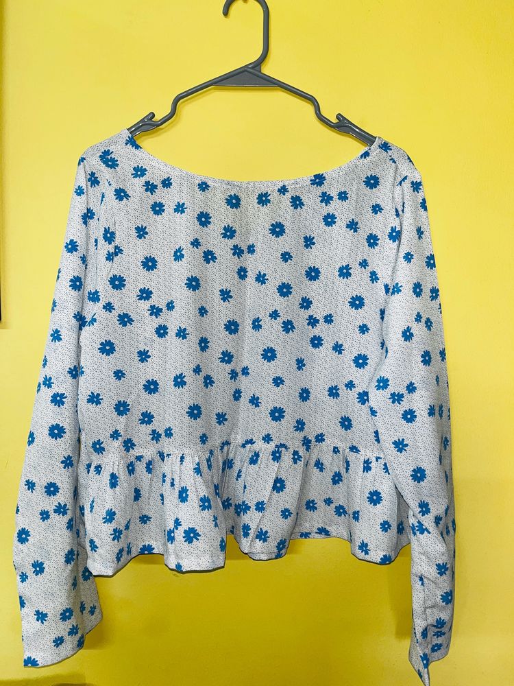 White And Blue Floral Printed A-Line Top