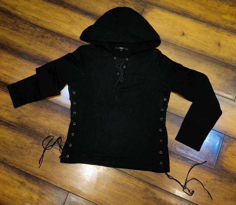 Black Lace-Up Hoodie