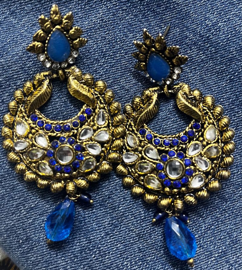 Gold Plated Traditional Blue Kundan Earring