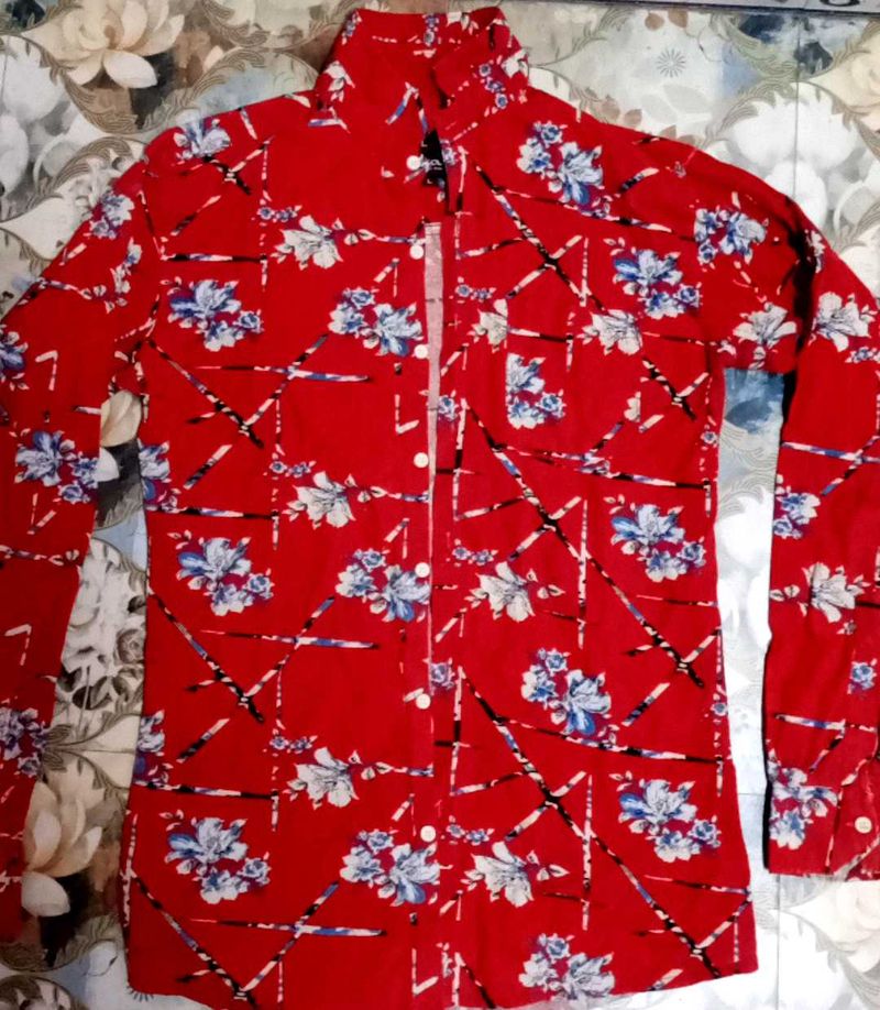 Red Floral Print Button-Down Shirt