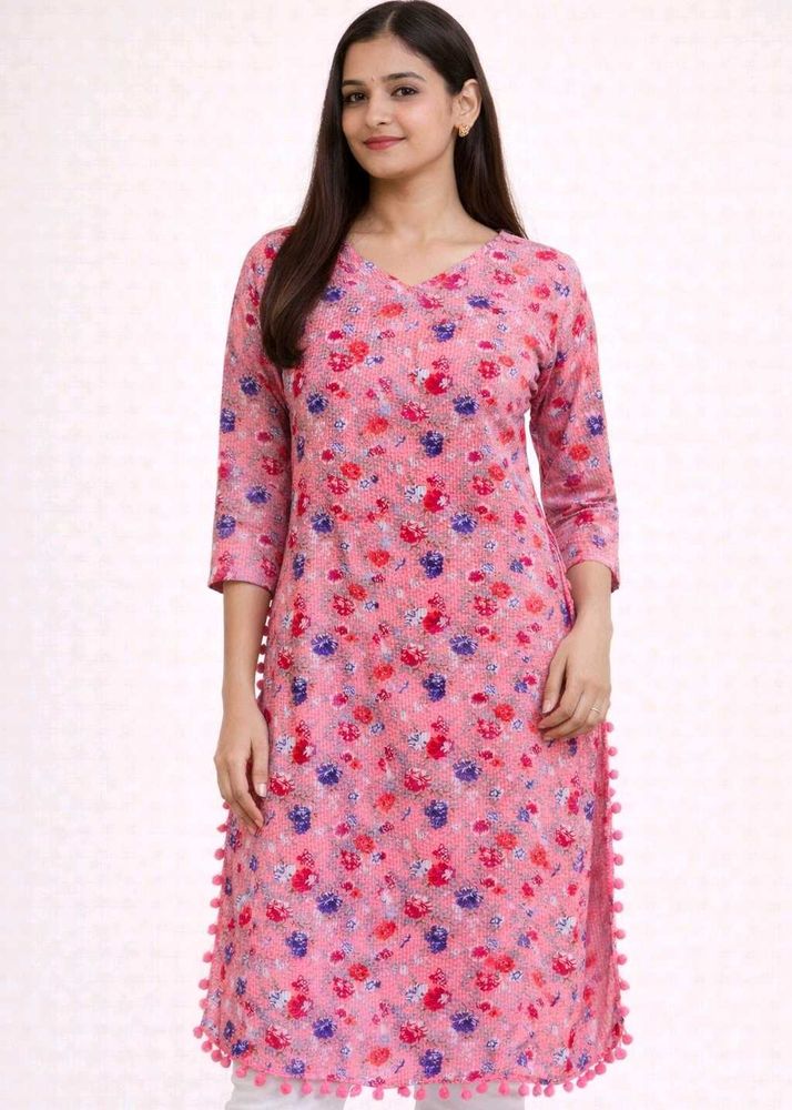 Floral Printed Pink Woman Straight Kurta