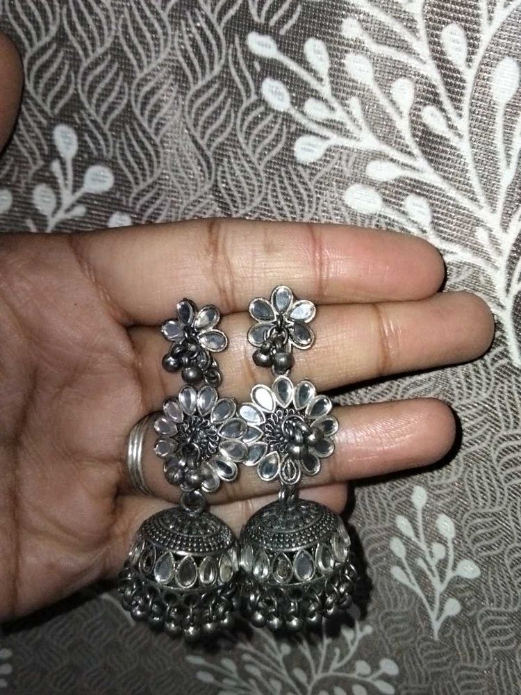 Oxidized Silver Jhumka Earrings