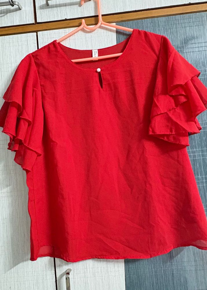 Red Ruffle Sleeve Blouse