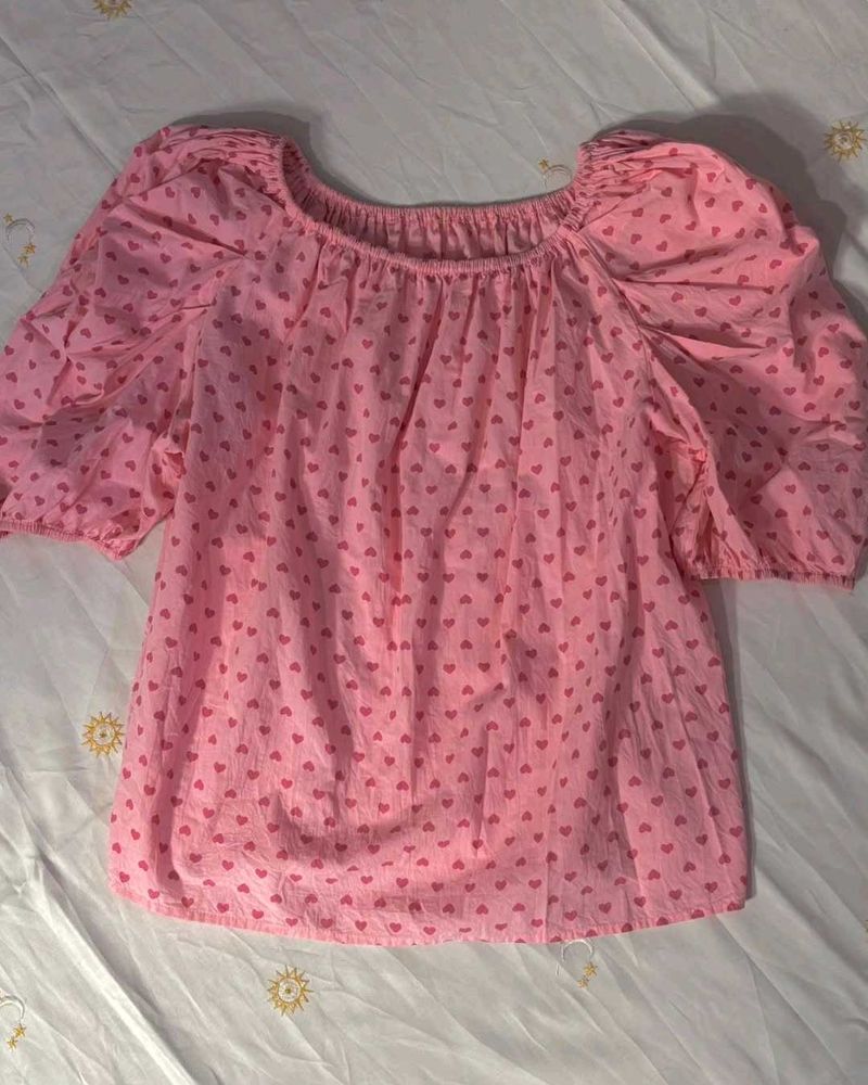 Pink Heart Print ruffled Korean Top