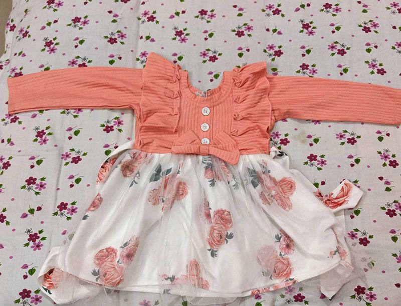Cute Peach Floral Baby Frock