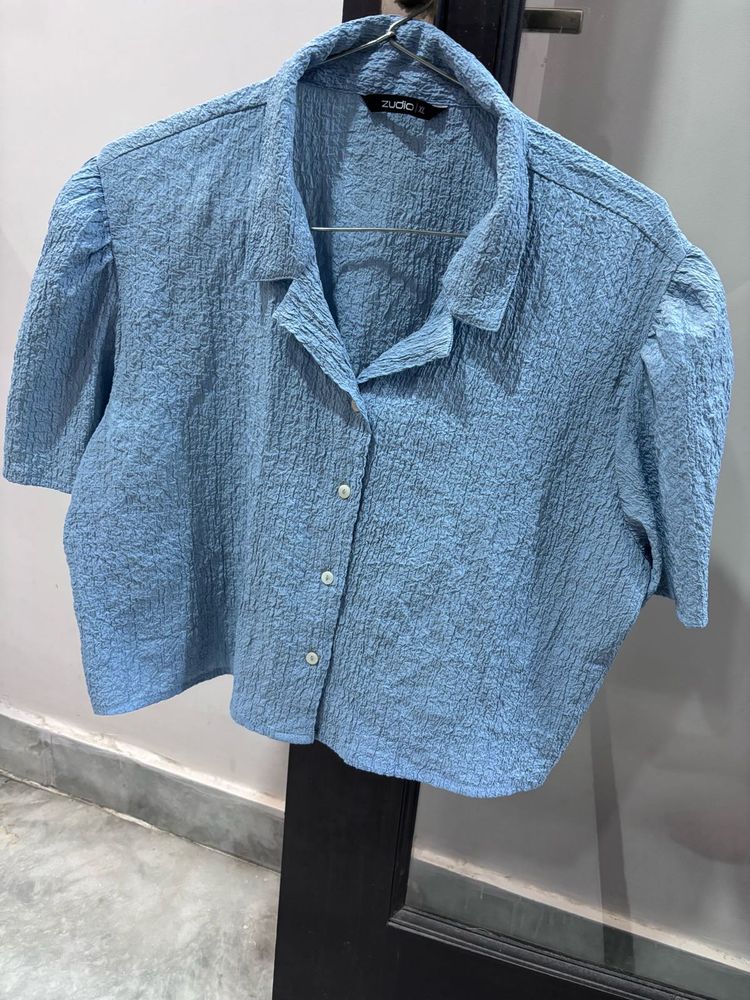 Blue Textured Puff Sleeve Crop top