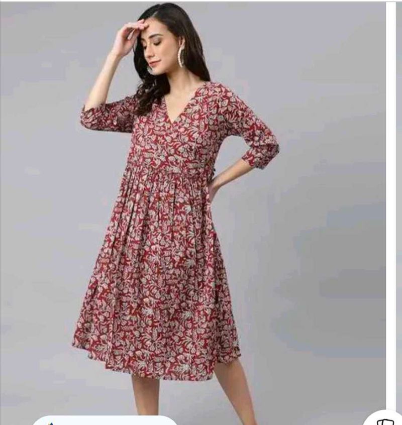 Janasya Red Cotton Wrap Dress (S)