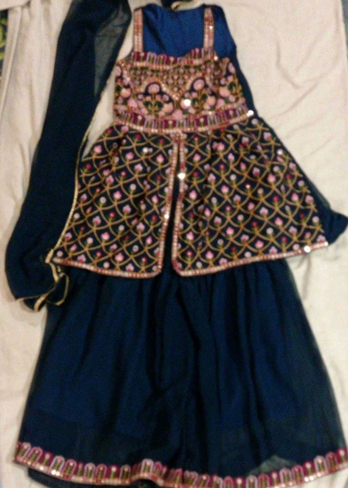 Navy Blue Embroidered Sleeveless Suit With Plazo