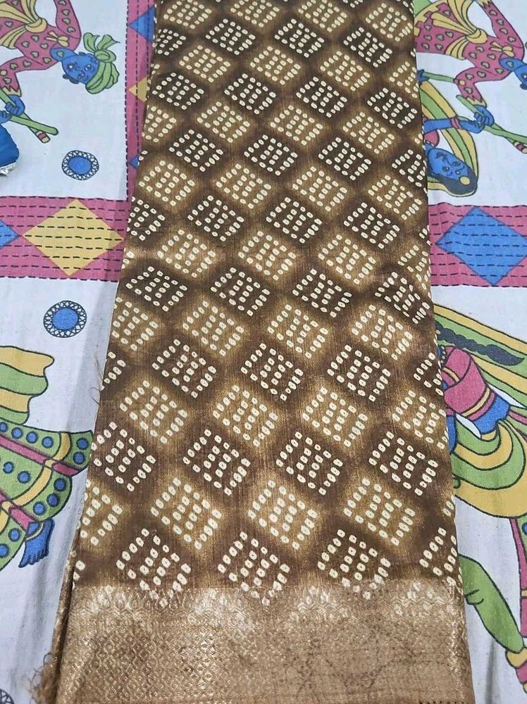 Brown Cotton Bandhani Silk Saree