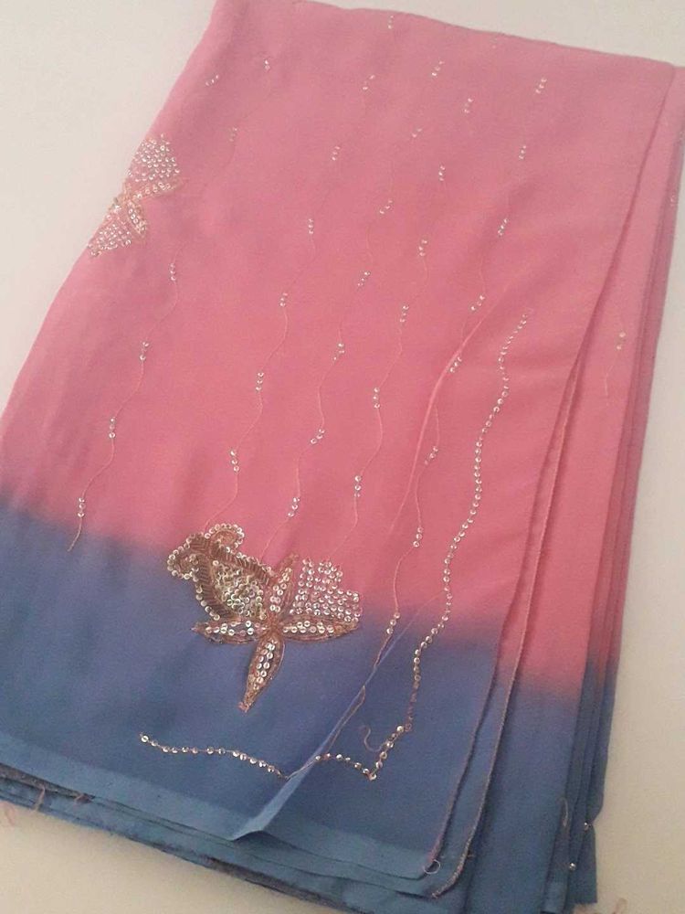 Multi Colour Sky Blue With Pink Saree Georgette