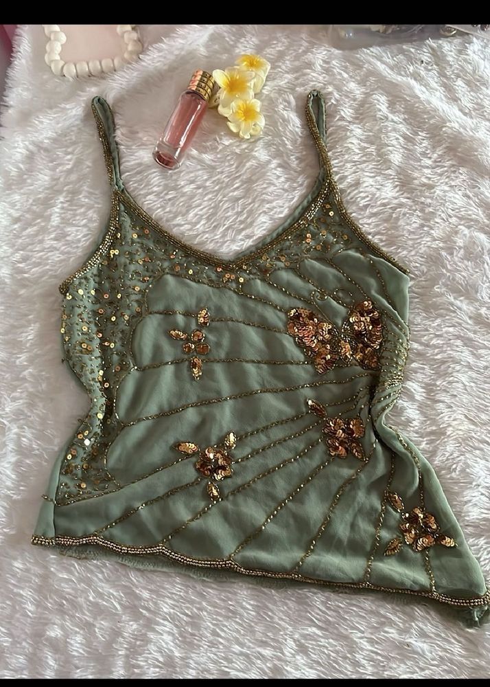 sage green y2k butterfly sequin top