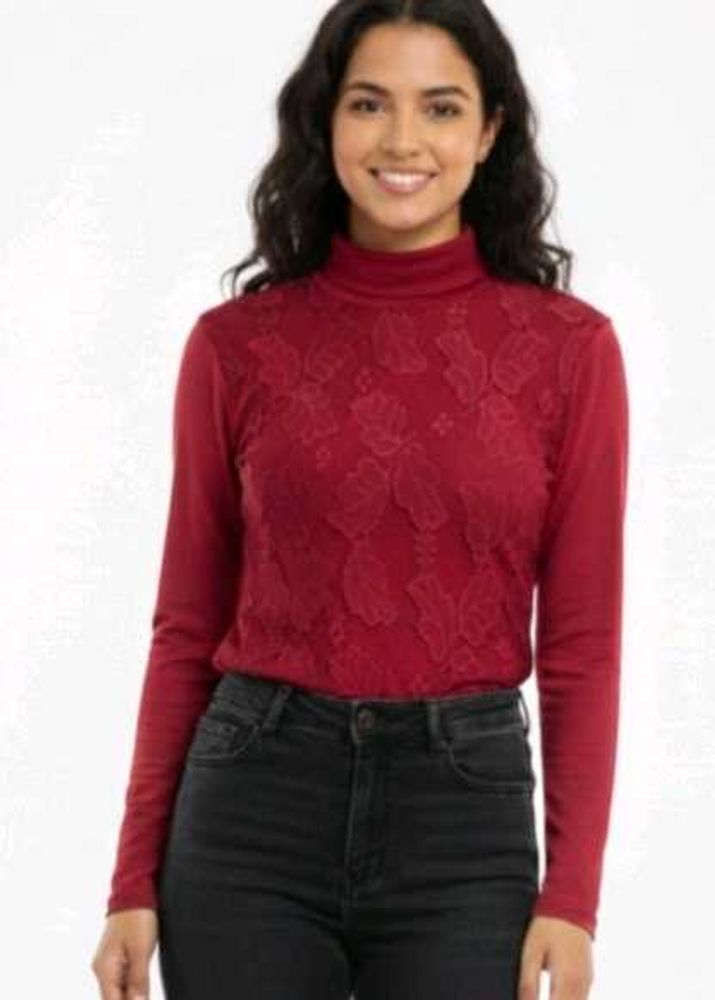 Elegant Red Lace Turtleneck Top