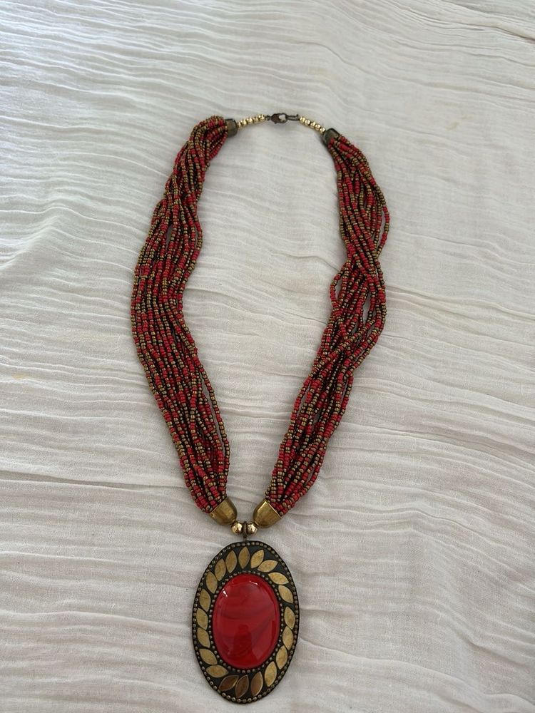 Red Beaded Statement Necklace