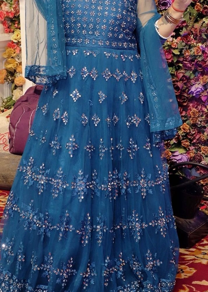 Teal Embroidered Indian Anarkali Dress