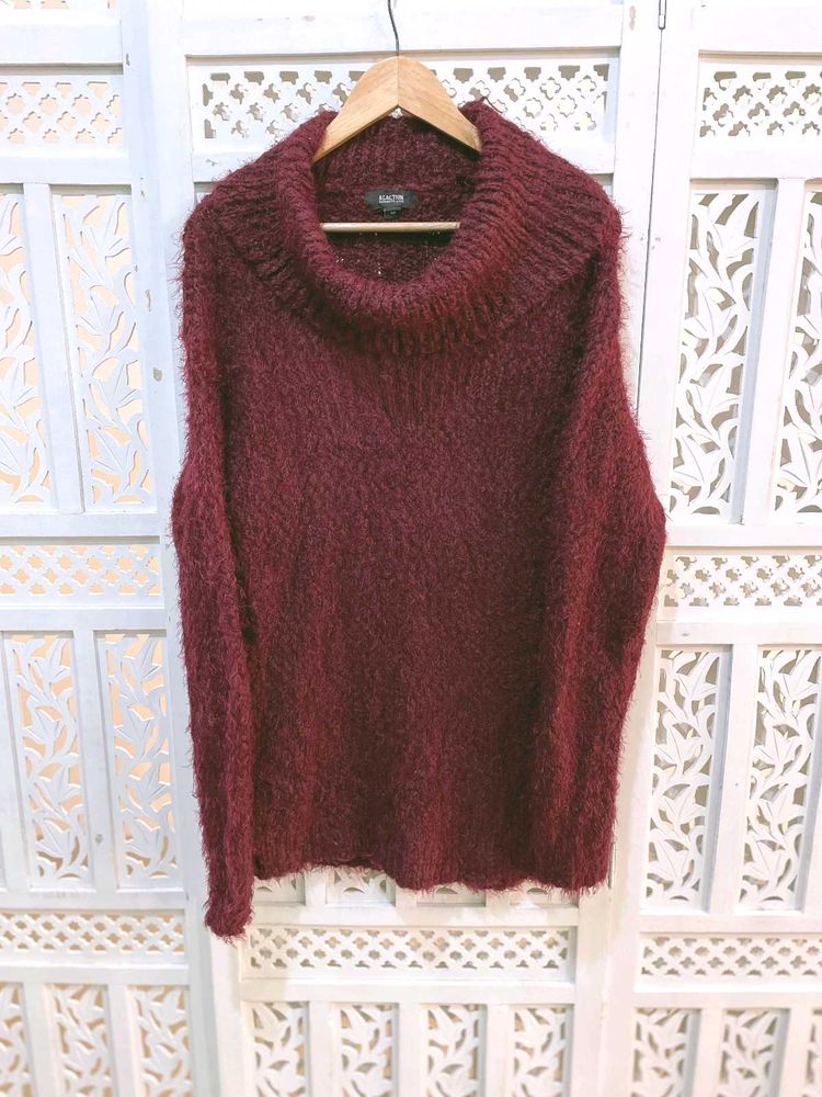Cozy Maroon Fuzzy Knit Sweater By RKC (B)