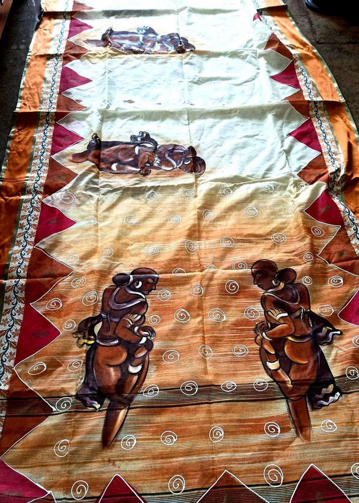 Bengal Handloom Half  Tussar  Hand Printing Sare