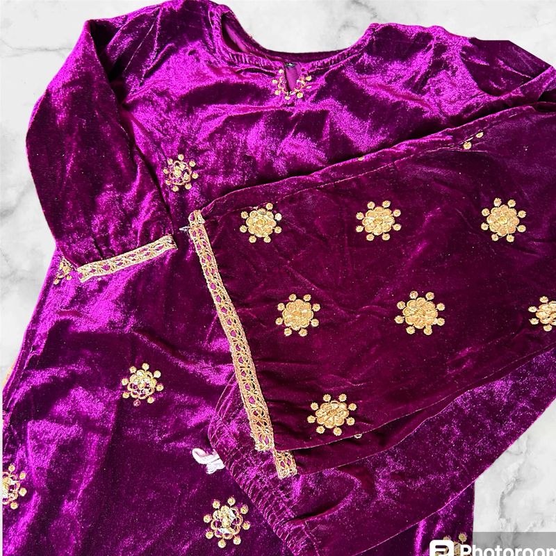 Purple Velvet Kurta Set