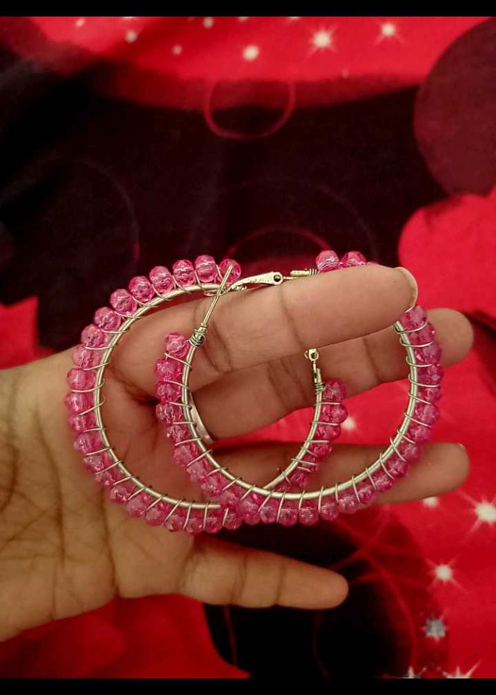 Pink Beaded Hoop Earrings