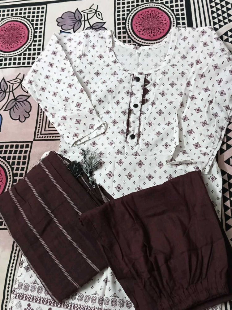 White &amp; Maroon Printed Kurti Set