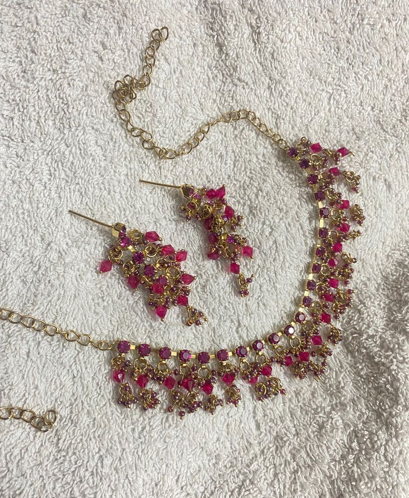 Gold Plated Party Wear Pink Necklace Set For Women