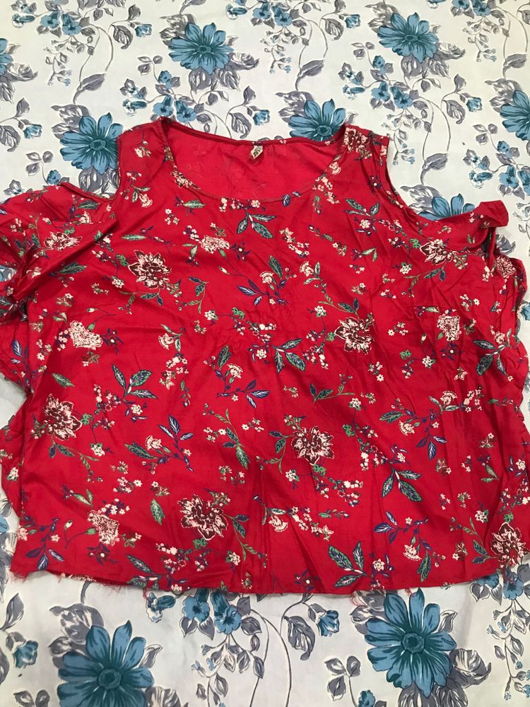 Red Off Shoulder Bare Denim Top