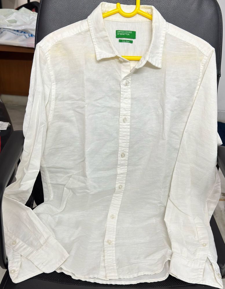 Benetton Off White Linen Long Sleeve Shirt