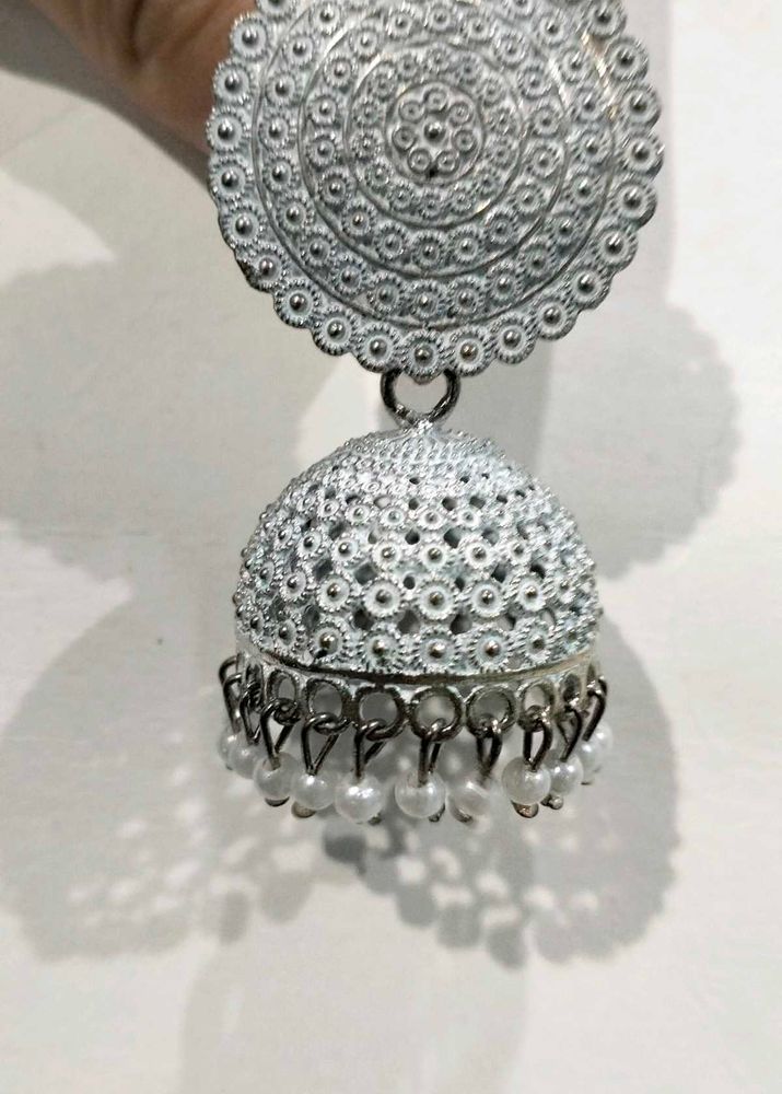 White Silver Jhumka Earrings with Pearl Drops