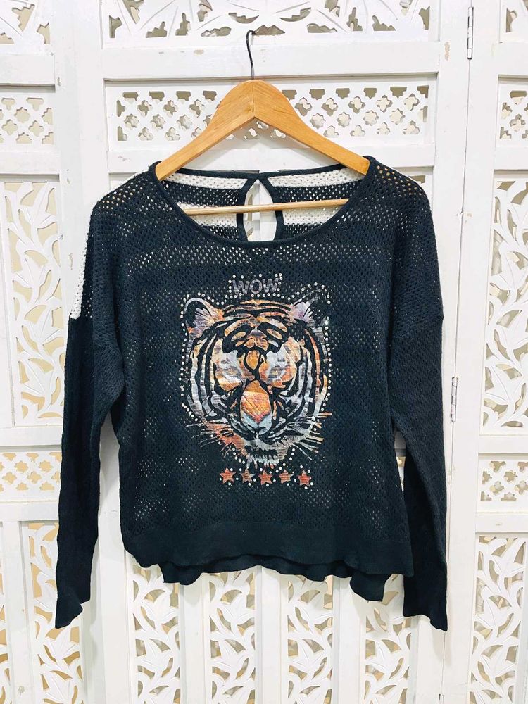 Black Oversized Tiger Print Top A