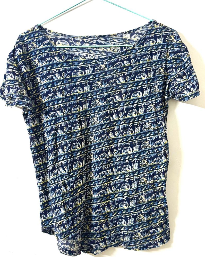 Printed Blue Cotton T Shirt