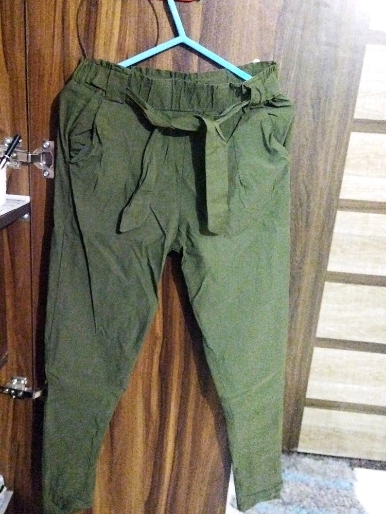 Olive Green Strech Pants With Knot