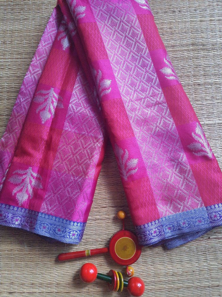 Pink and Grey Tussar Silk Saree