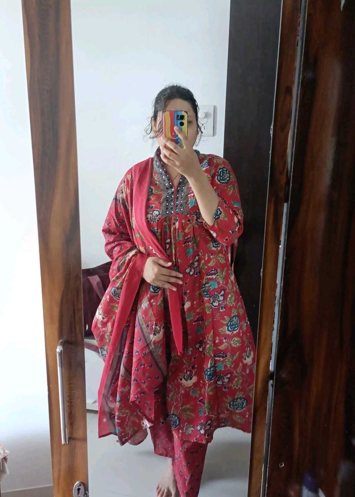 Red Printed Kurta Set with Dupatta