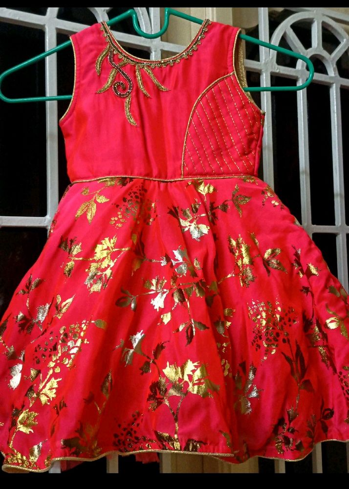 Watermelon Color Rich Look Silk Frock  With Golden Thread Work In The Neck