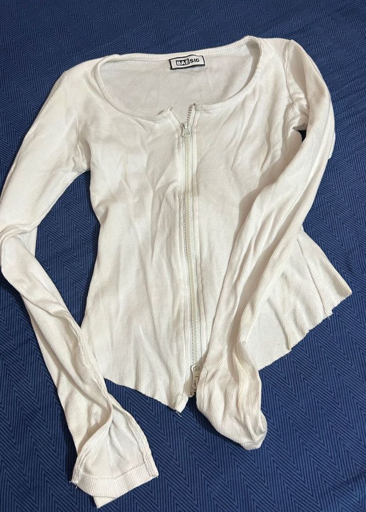 White Zip-Up Long Sleeve Top