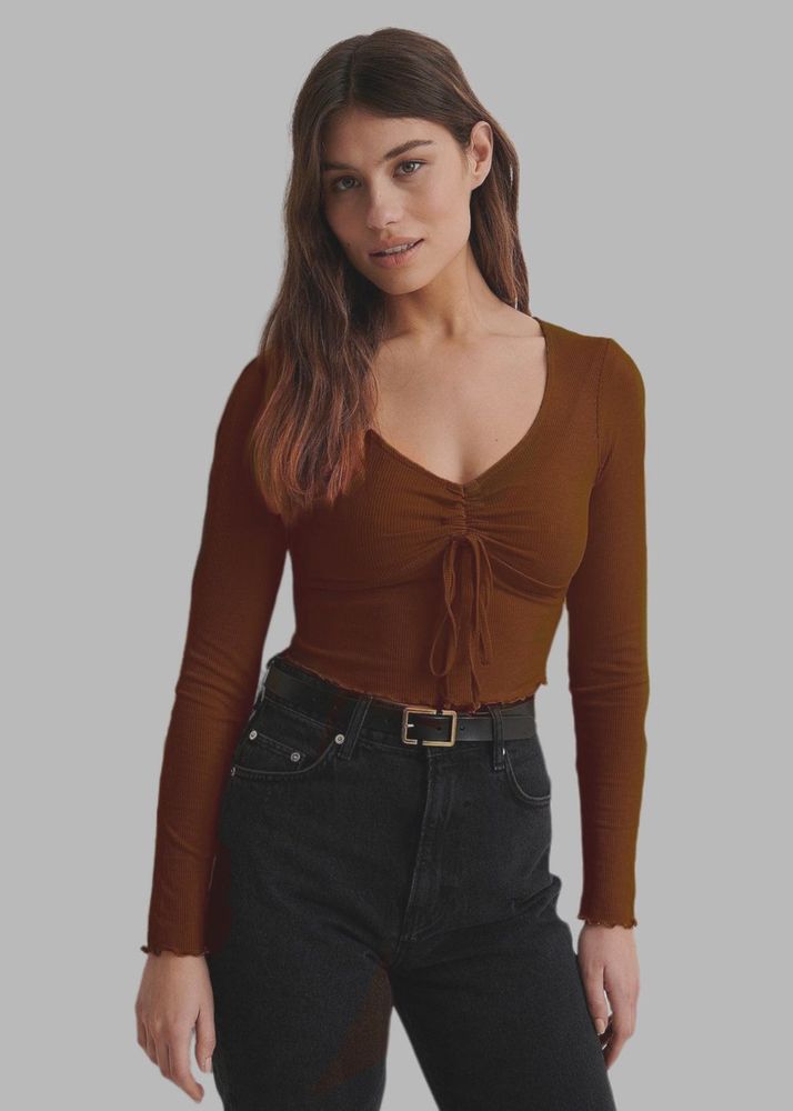 🔥Brown Ribbed Full Sleeves Top🔥