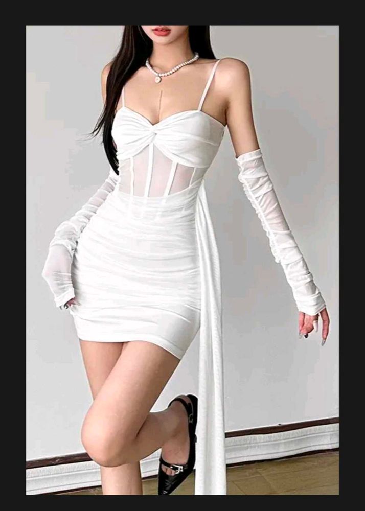 White Ruched Mini Dress with Gloves