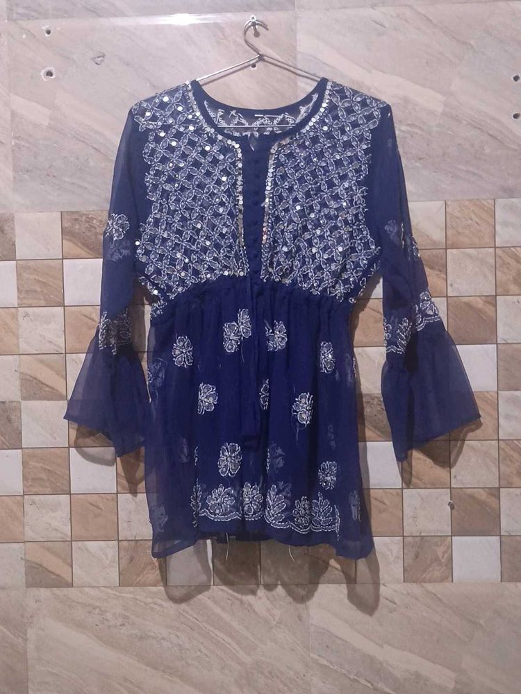 Embroidered Blue Tunic Top