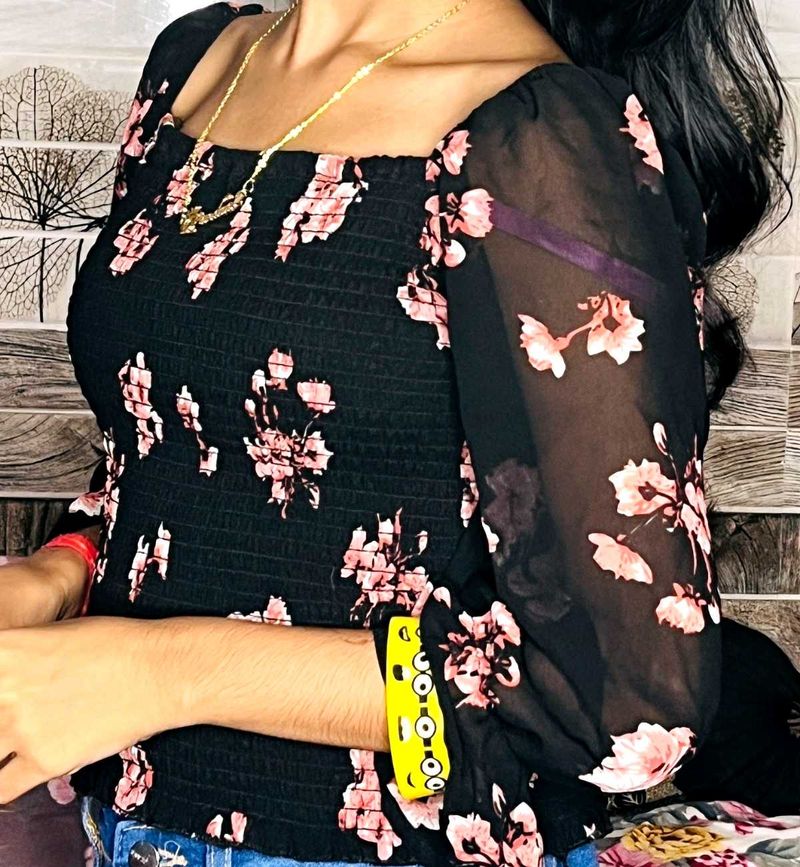 Floral Print Sheer Sleeve Top