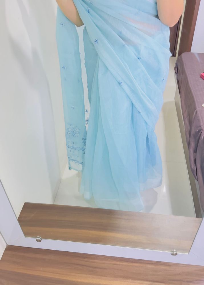 Light Blue Saree Without Blouse