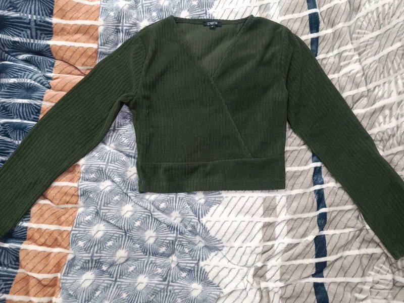 V Neck Olive Ribbed Velvet Crop Top