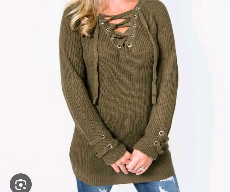 Olive Green Lace-Up Sweater