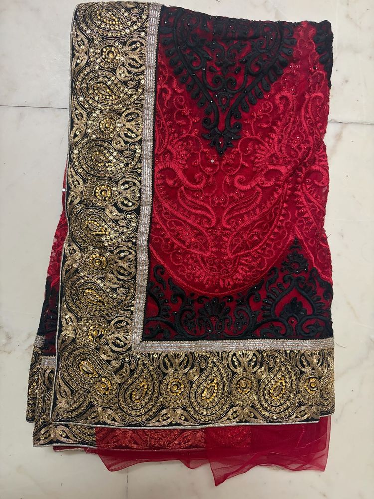 Red &amp; Black Embroidered Saree