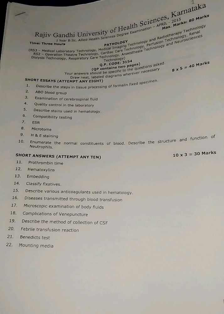 Pathology Question Papers Qp Code 3154 Rajiv Gandh