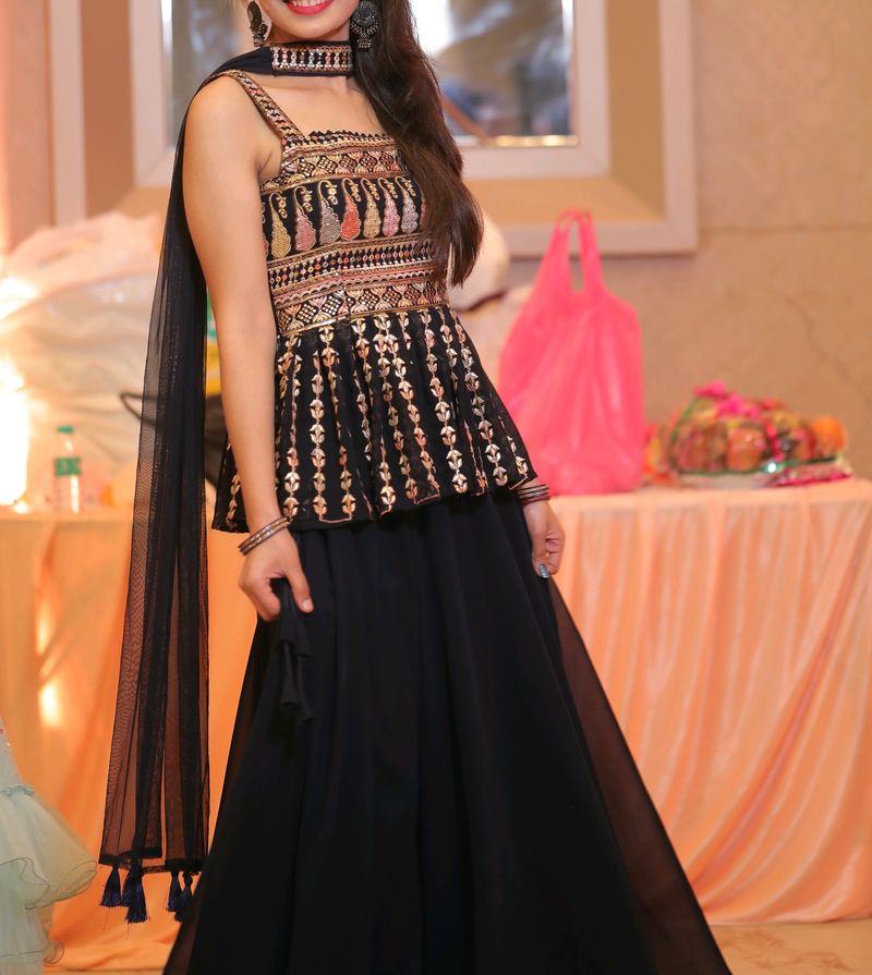 Navy Blue &amp; Gold Embroidered Sharara Dress