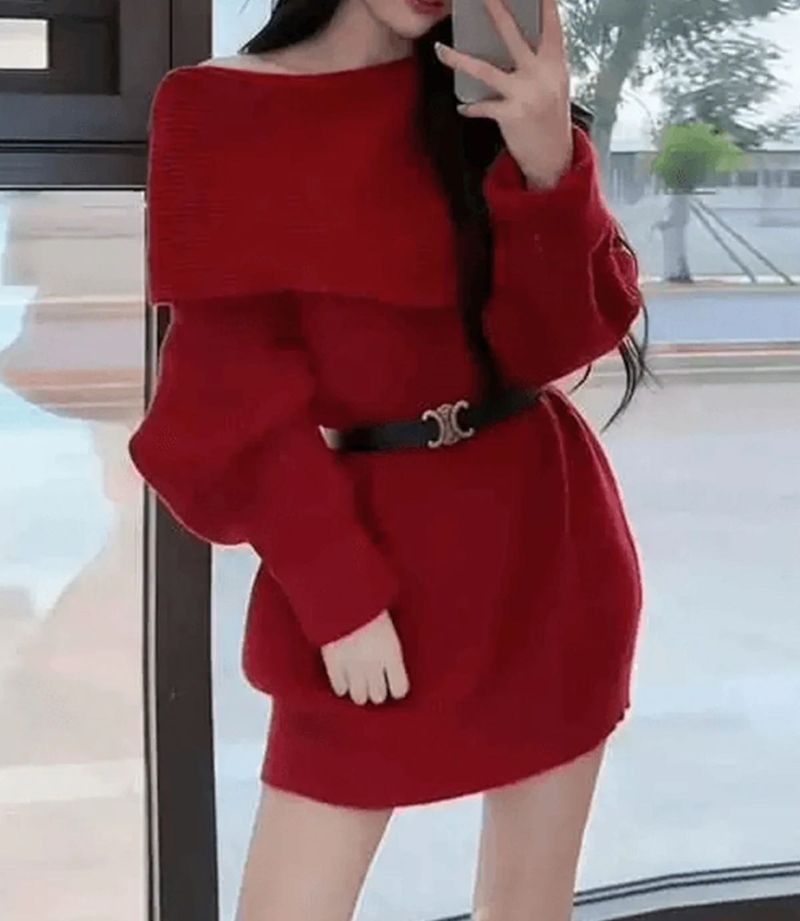 Winter Woman Red Sweater  Mini Dress