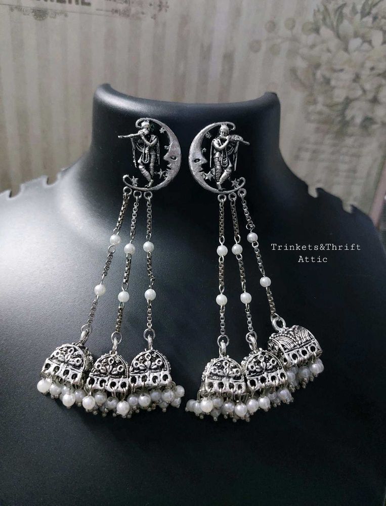 Krishna Moon Oxidized Jhumka Earrings