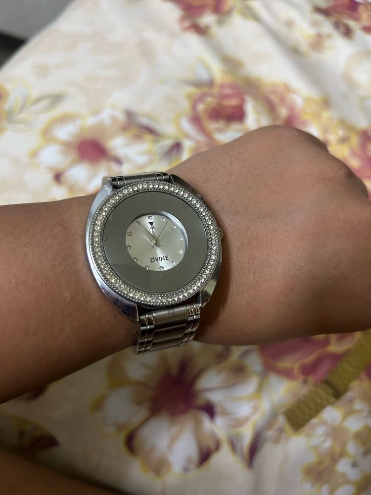 Silver Watch with Stone-Studded Bezel